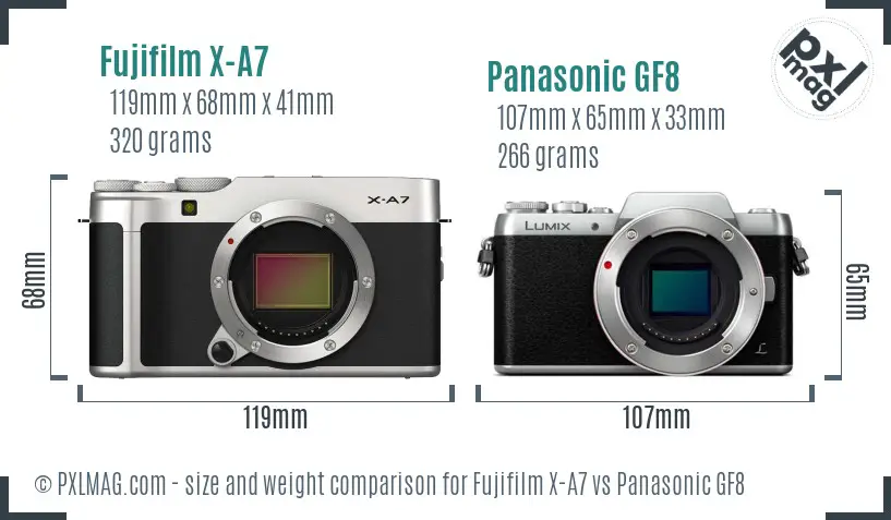 Fujifilm X-A7 vs Panasonic GF8 size comparison