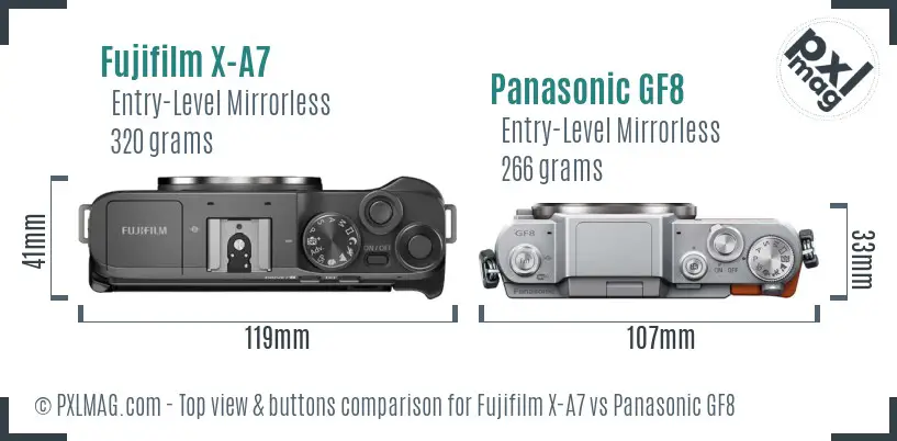 Fujifilm X-A7 vs Panasonic GF8 top view buttons comparison