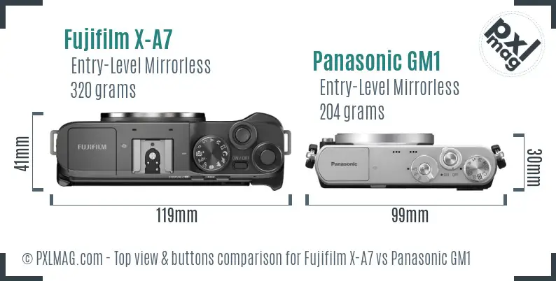Fujifilm X-A7 vs Panasonic GM1 top view buttons comparison