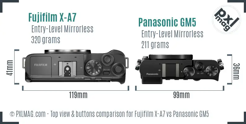 Fujifilm X-A7 vs Panasonic GM5 top view buttons comparison
