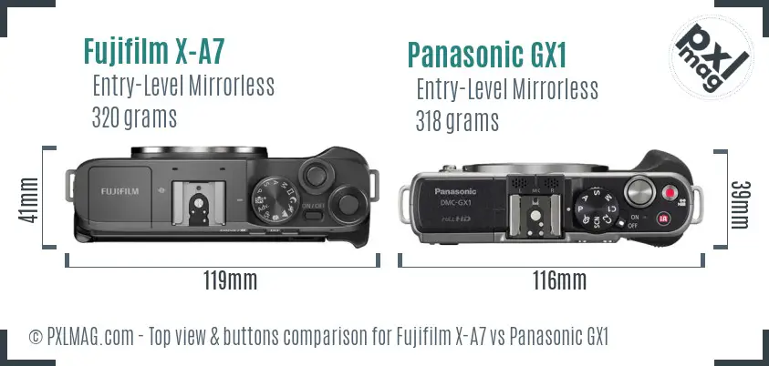 Fujifilm X-A7 vs Panasonic GX1 top view buttons comparison