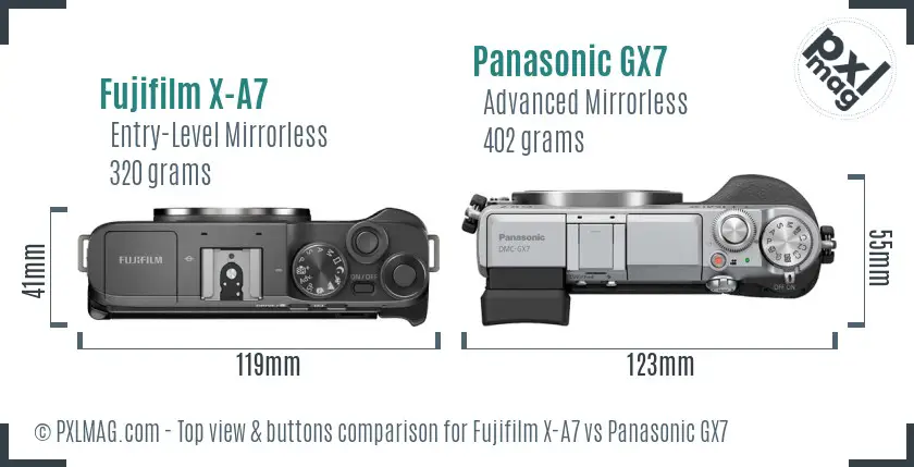 Fujifilm X-A7 vs Panasonic GX7 top view buttons comparison