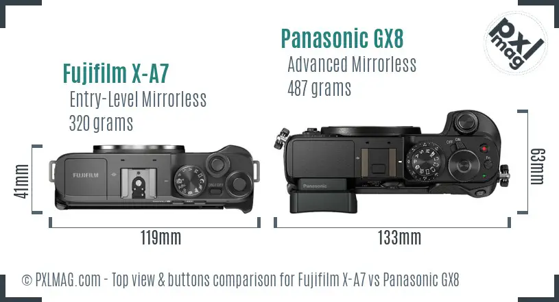Fujifilm X-A7 vs Panasonic GX8 top view buttons comparison