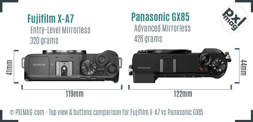 Fujifilm X-A7 vs Panasonic GX85 top view buttons comparison