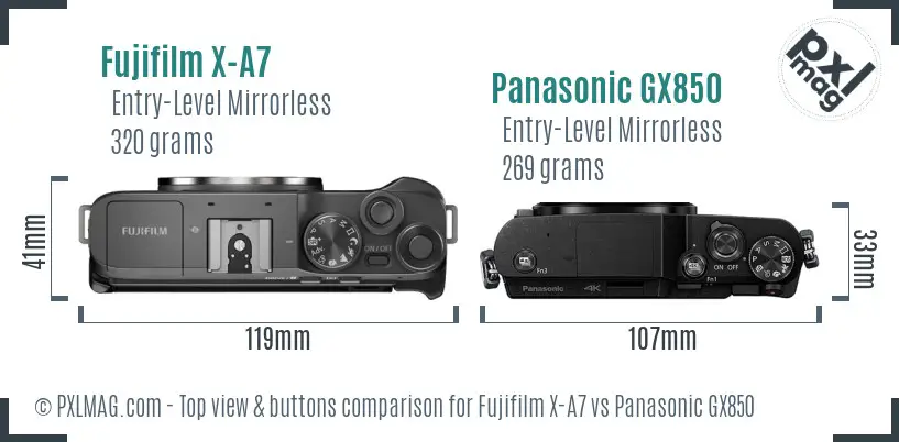Fujifilm X-A7 vs Panasonic GX850 top view buttons comparison