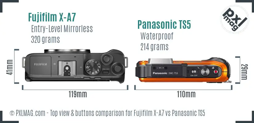 Fujifilm X-A7 vs Panasonic TS5 top view buttons comparison