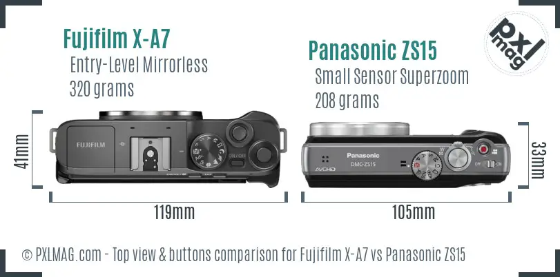 Fujifilm X-A7 vs Panasonic ZS15 top view buttons comparison