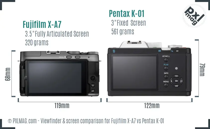 Fujifilm X-A7 vs Pentax K-01 Screen and Viewfinder comparison