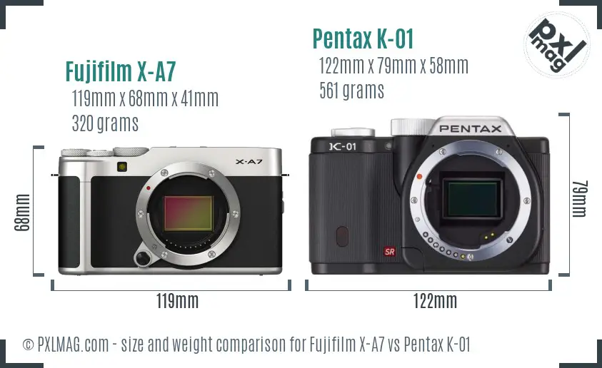 Fujifilm X-A7 vs Pentax K-01 size comparison