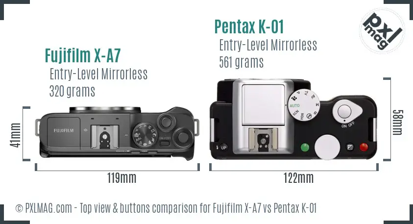 Fujifilm X-A7 vs Pentax K-01 top view buttons comparison