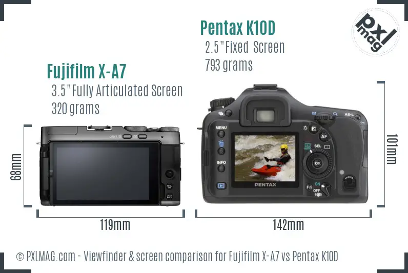 Fujifilm X-A7 vs Pentax K10D Screen and Viewfinder comparison