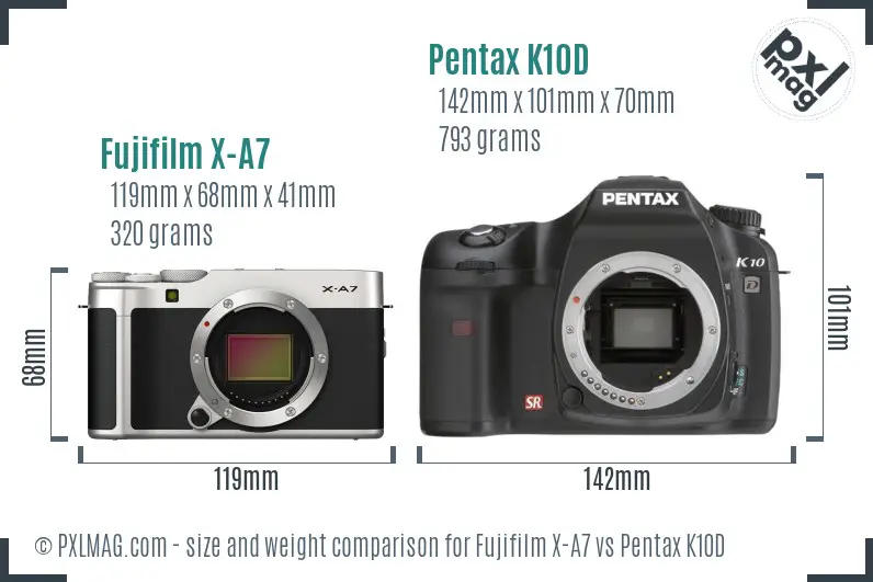 Fujifilm X-A7 vs Pentax K10D size comparison