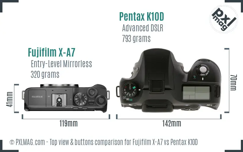 Fujifilm X-A7 vs Pentax K10D top view buttons comparison