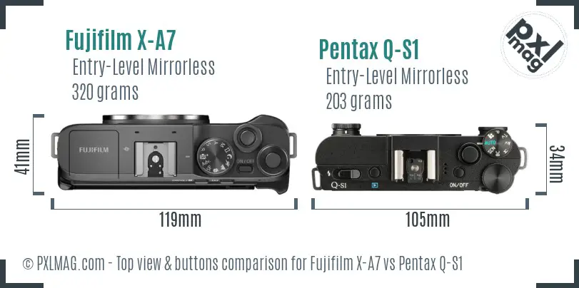Fujifilm X-A7 vs Pentax Q-S1 top view buttons comparison