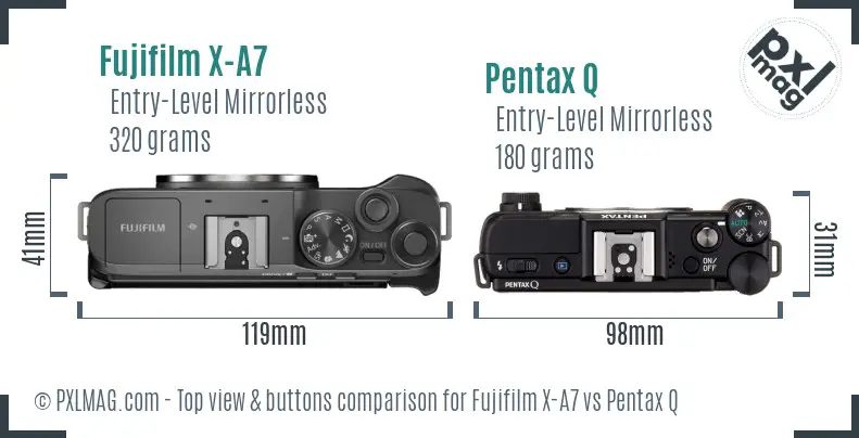 Fujifilm X-A7 vs Pentax Q top view buttons comparison