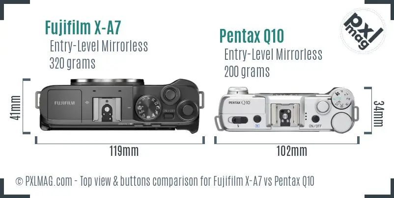 Fujifilm X-A7 vs Pentax Q10 top view buttons comparison