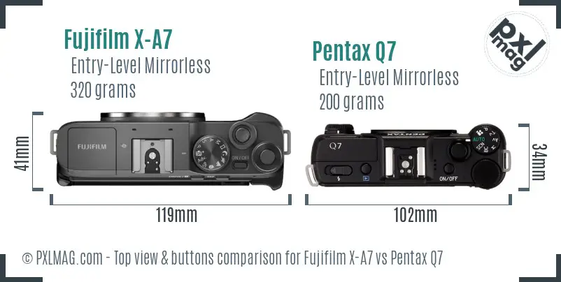 Fujifilm X-A7 vs Pentax Q7 top view buttons comparison