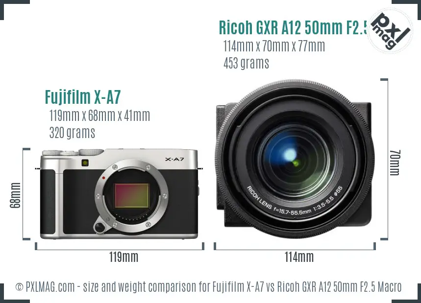 Fujifilm X-A7 vs Ricoh GXR A12 50mm F2.5 Macro size comparison