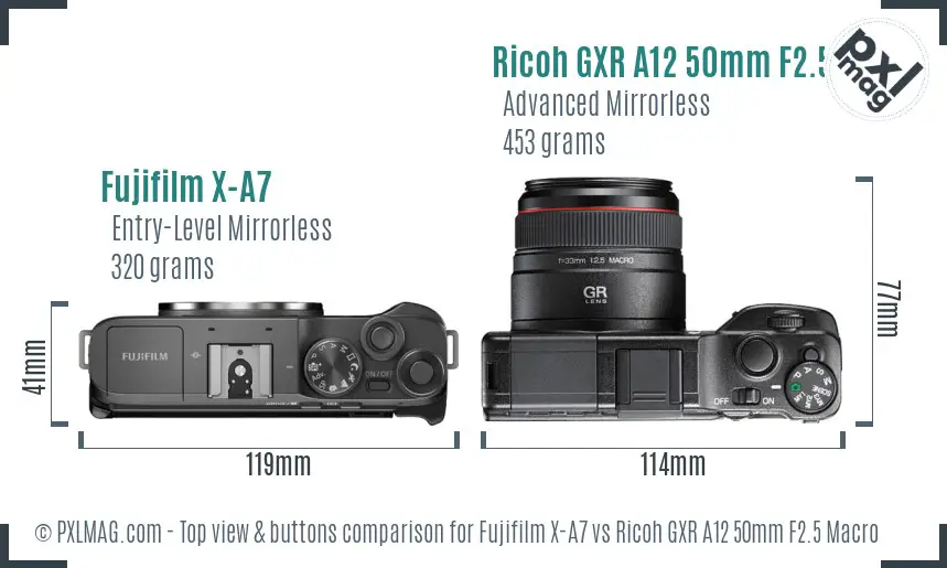 Fujifilm X-A7 vs Ricoh GXR A12 50mm F2.5 Macro top view buttons comparison
