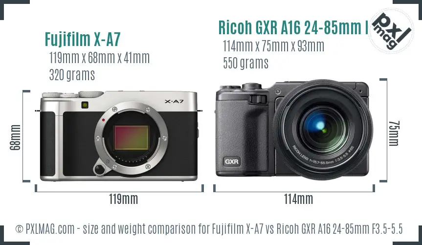 Fujifilm X-A7 vs Ricoh GXR A16 24-85mm F3.5-5.5 size comparison