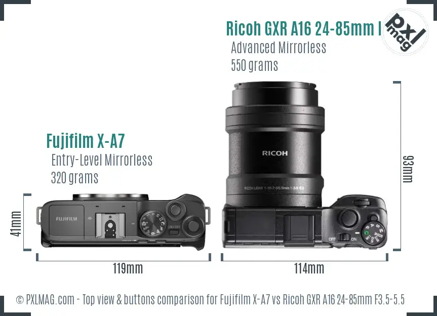Fujifilm X-A7 vs Ricoh GXR A16 24-85mm F3.5-5.5 top view buttons comparison