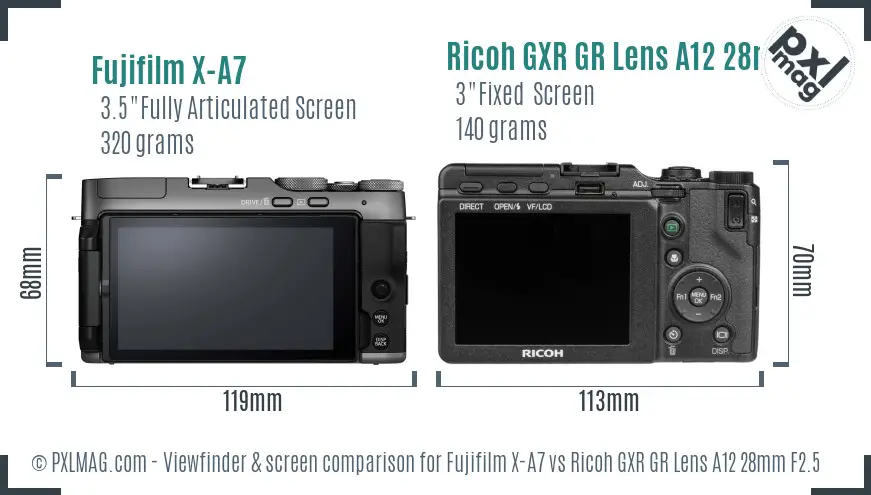 Fujifilm X-A7 vs Ricoh GXR GR Lens A12 28mm F2.5 Screen and Viewfinder comparison
