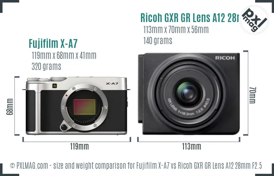 Fujifilm X-A7 vs Ricoh GXR GR Lens A12 28mm F2.5 size comparison Fujifilm X-A7 vs Ricoh GXR GR Lens A12 28mm F2.5 size comparison