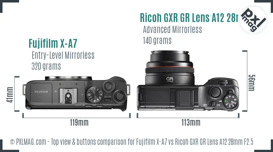 Fujifilm X-A7 vs Ricoh GXR GR Lens A12 28mm F2.5 top view buttons comparison