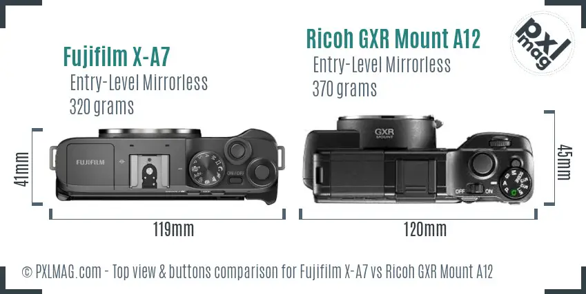 Fujifilm X-A7 vs Ricoh GXR Mount A12 top view buttons comparison