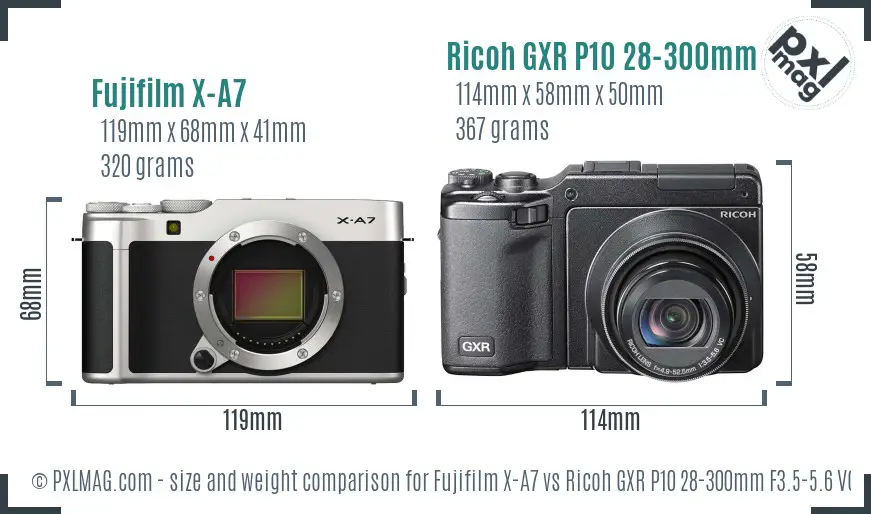 Fujifilm X-A7 vs Ricoh GXR P10 28-300mm F3.5-5.6 VC size comparison