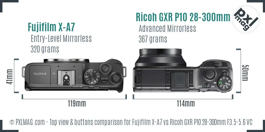 Fujifilm X-A7 vs Ricoh GXR P10 28-300mm F3.5-5.6 VC top view buttons comparison