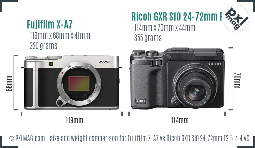 Fujifilm X-A7 vs Ricoh GXR S10 24-72mm F2.5-4.4 VC size comparison Fujifilm X-A7 vs Ricoh GXR S10 24-72mm F2.5-4.4 VC size comparison
