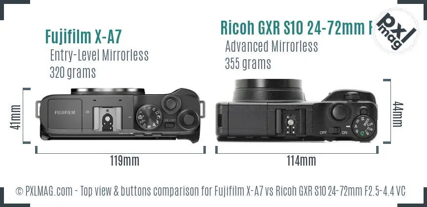Fujifilm X-A7 vs Ricoh GXR S10 24-72mm F2.5-4.4 VC top view buttons comparison Fujifilm X-A7 vs Ricoh GXR S10 24-72mm F2.5-4.4 VC top view buttons comparison