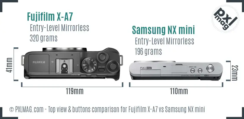 Fujifilm X-A7 vs Samsung NX mini top view buttons comparison