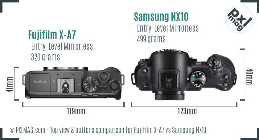 Fujifilm X-A7 vs Samsung NX10 top view buttons comparison Fujifilm X-A7 vs Samsung NX10 top view buttons comparison