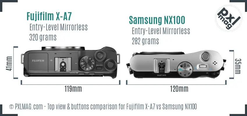 Fujifilm X-A7 vs Samsung NX100 top view buttons comparison