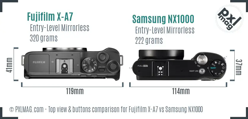 Fujifilm X-A7 vs Samsung NX1000 top view buttons comparison