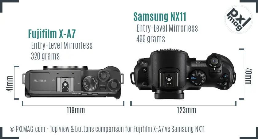 Fujifilm X-A7 vs Samsung NX11 top view buttons comparison