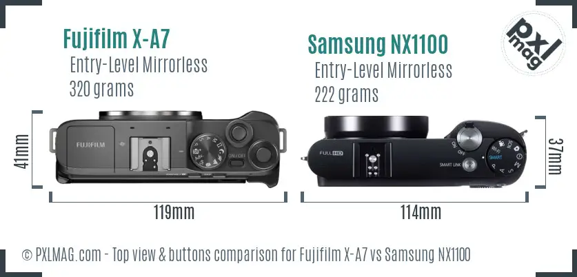 Fujifilm X-A7 vs Samsung NX1100 top view buttons comparison