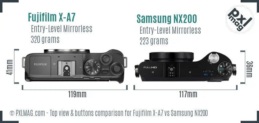 Fujifilm X-A7 vs Samsung NX200 top view buttons comparison