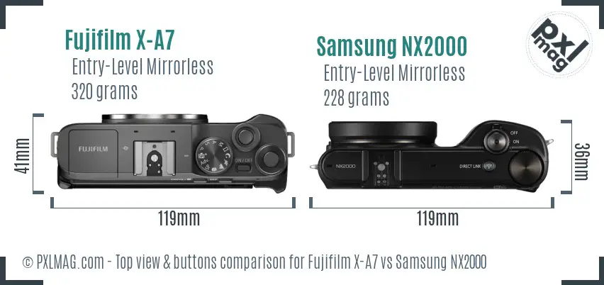 Fujifilm X-A7 vs Samsung NX2000 top view buttons comparison