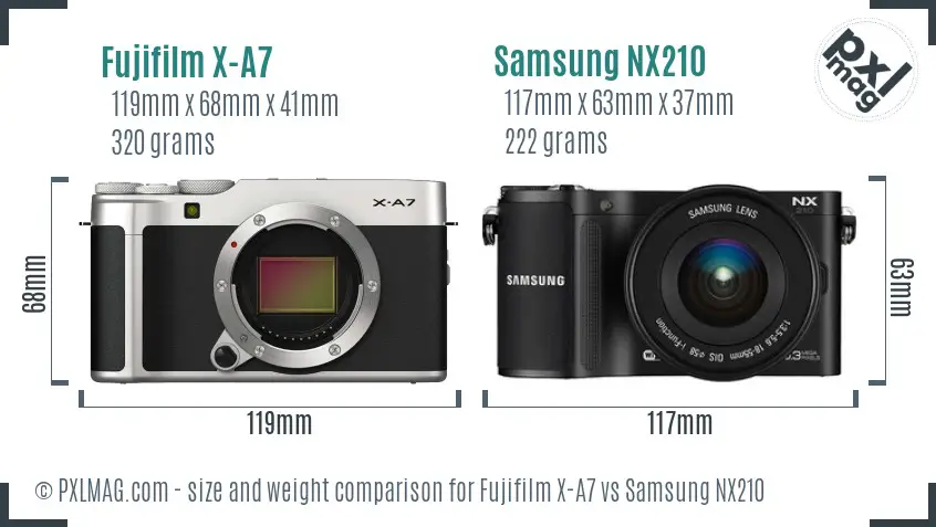 Fujifilm X-A7 vs Samsung NX210 size comparison
