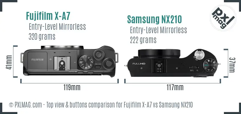 Fujifilm X-A7 vs Samsung NX210 top view buttons comparison