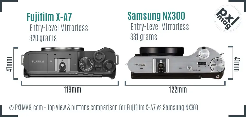 Fujifilm X-A7 vs Samsung NX300 top view buttons comparison