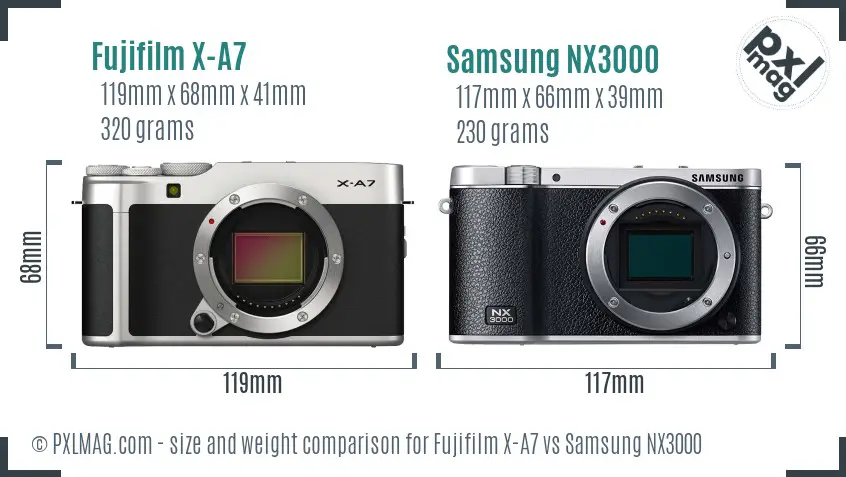 Fujifilm X-A7 vs Samsung NX3000 size comparison