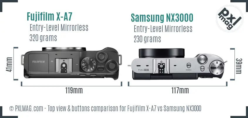 Fujifilm X-A7 vs Samsung NX3000 top view buttons comparison