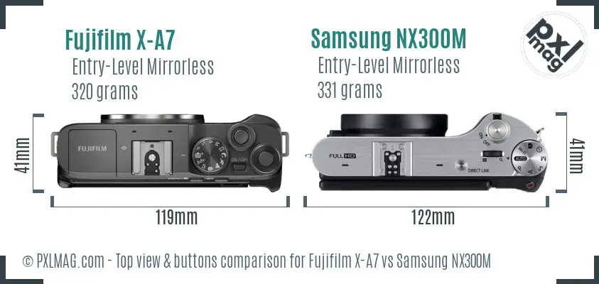 Fujifilm X-A7 vs Samsung NX300M top view buttons comparison