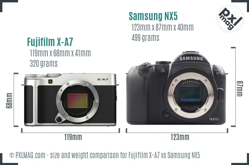 Fujifilm X-A7 vs Samsung NX5 size comparison