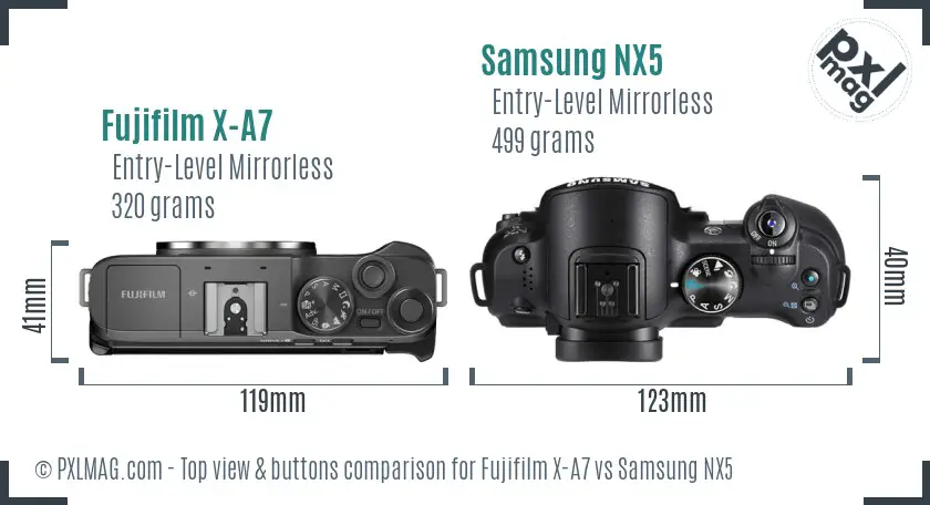 Fujifilm X-A7 vs Samsung NX5 top view buttons comparison