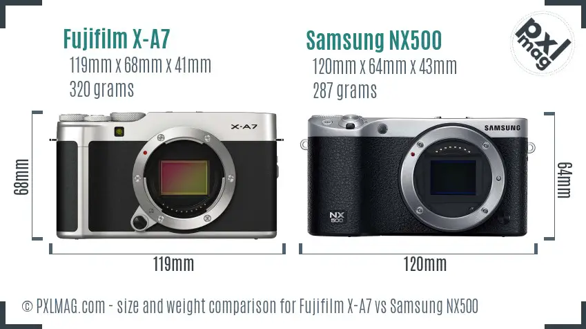 Fujifilm X-A7 vs Samsung NX500 size comparison